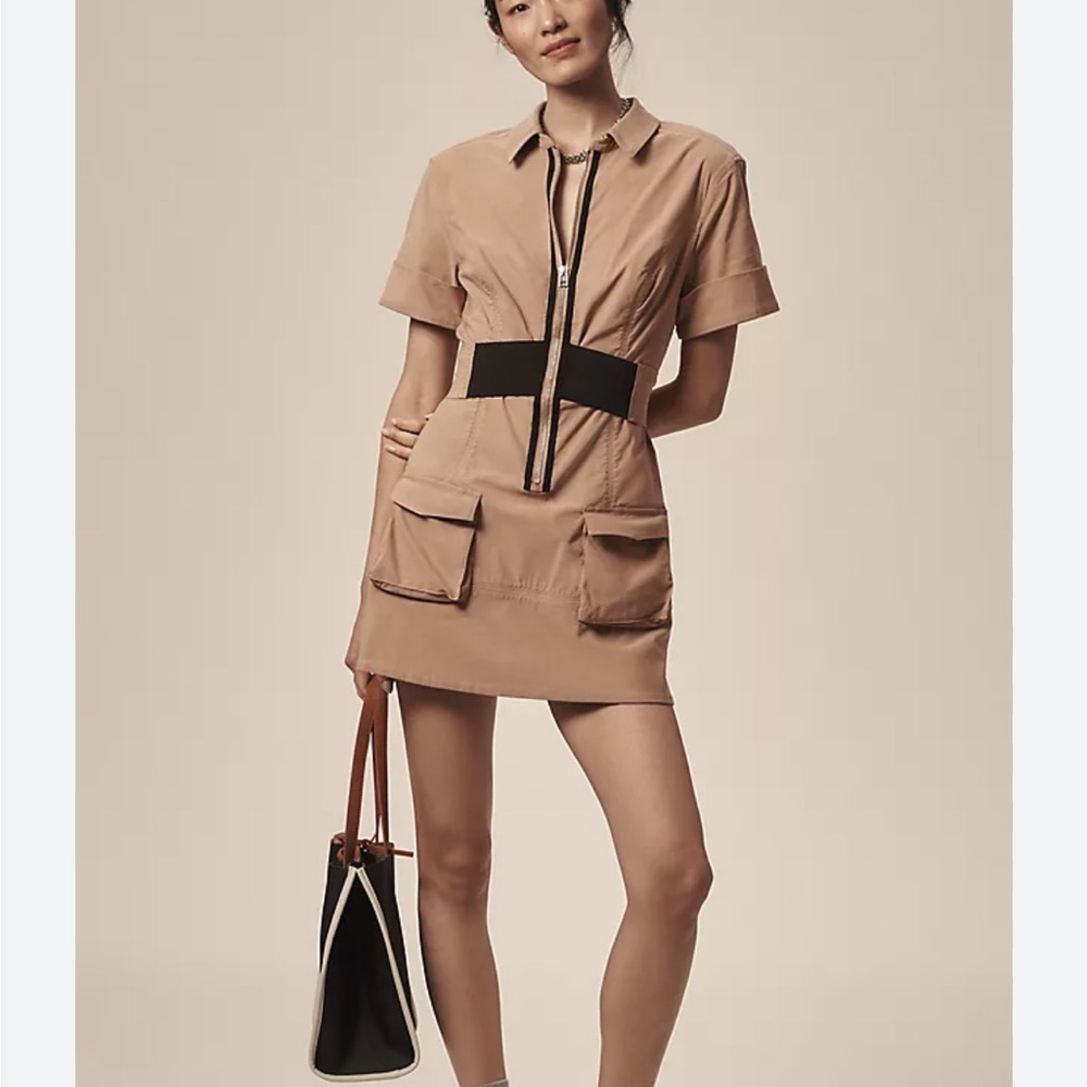 Maeve tan with black accents, Short Sleeve V-neck mini dress - size large - Picture 2 of 8